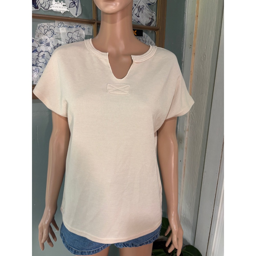Merokeety Womens Cream Beige Ribbed Split Neck Knit Top Short Sleeve Size M